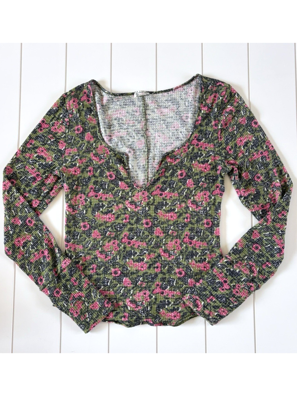 Free People Intimately Ciara Floral Lightweight Thermal Waffle Knit Top Olive S